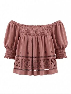 Urban Outfitters Rusty Rose Off-Shoulder Peasant Top Crop Smocked Festival